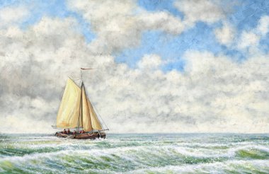 Yağlı boya tabloları, deniz manzarası, yelkenli tekneleri. Güzel sanatlar.