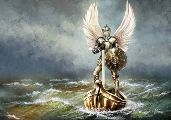 デジタル油絵海の風景 黄金のボートで盾と中世の剣を持つ天使 美術品 — ストック写真