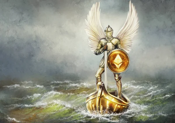 油絵の風景 剣と盾を持つ天使のイラスト 美術品 黄金のボートとイーサリアム — ストック写真