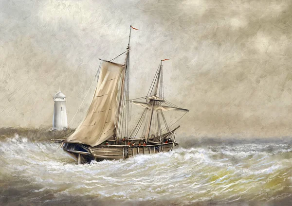 Ölgemälde Landschaft Altes Segelschiff Meer Schöne Kunst — Stockfoto