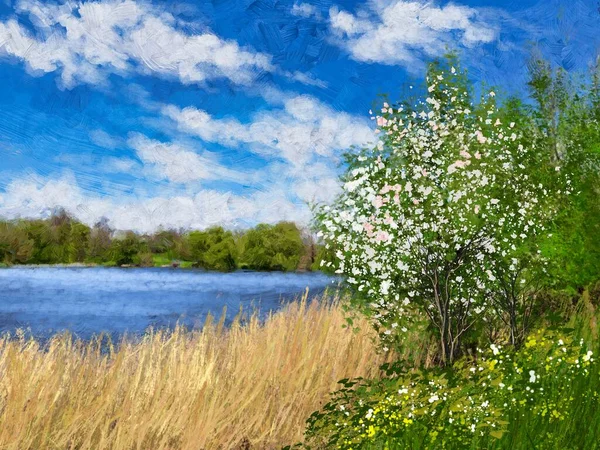 山水山水画 河流画 春天的风景 艺术品 — 图库照片
