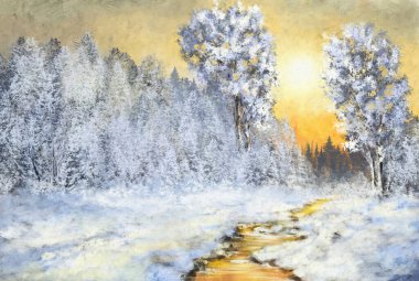 Yağ tabloları kırsal alanda. Karlı ormanda kış günbatımı. Güzel sanatlar