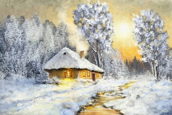 Oil paintings rural landscape,  house in the snow. Winter sunset in snowy forest, old house in the forest. Fine art