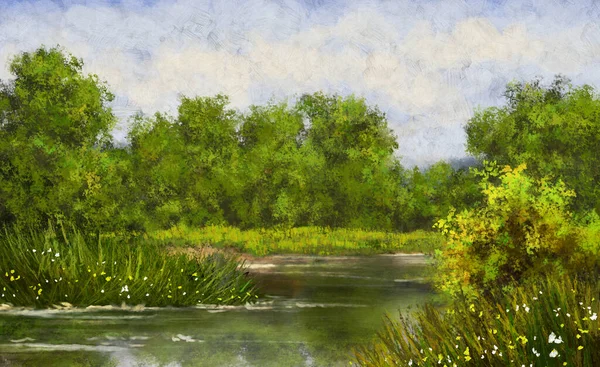 Olieverfschilderijen Landschap Beeldende Kunst Rivier Het Bos — Stockfoto