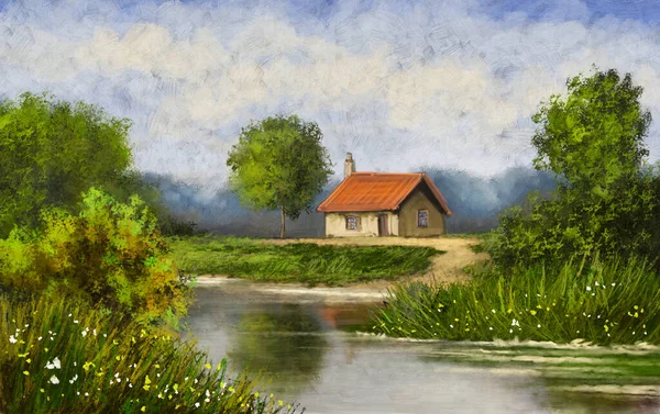 Ölgemälde Landschaft Bildende Kunst Haus Fluss Sommer Fluss Wald — Stockfoto