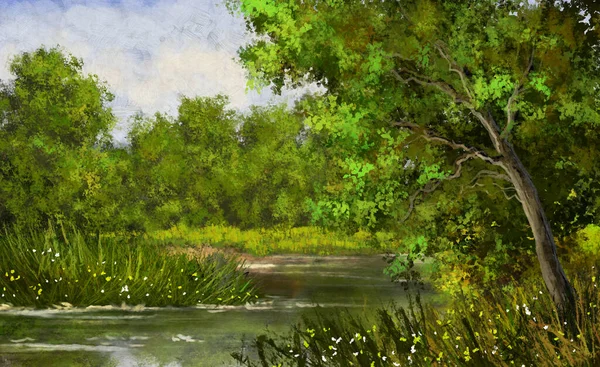 Pitture Olio Paesaggio Belle Arti Fiume Nella Foresta — Foto Stock