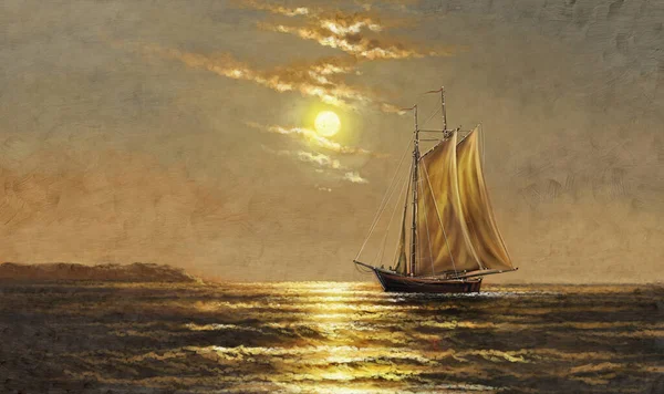 Oljemålningar Havet Landskap Segelfartyg Solnedgången Konst — Stockfoto