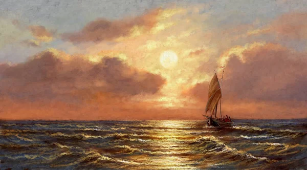 Oil Paintings Sea Landscape Sailing Ship Sunset Fine Art Stock Image