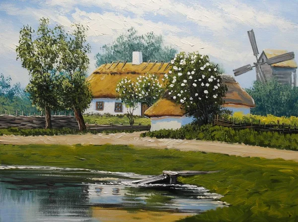 Peintures Huile Paysage Vieux Village Maison Rurale Campagne Beaux Arts — Photo