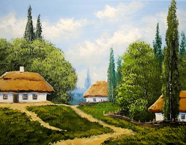 Pinturas Óleo Paisaje Pueblo Antiguo Casa Rural Campo Bellas Artes —  Fotos de Stock