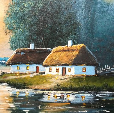 Petrol resimleri, eski köy, kırsal kesimdeki ev. Güzel sanatlar.