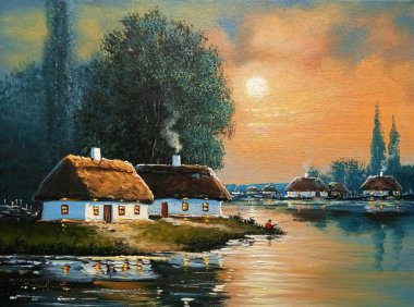 Petrol resimleri, eski köy, kırsal kesimdeki ev. Güzel sanatlar.