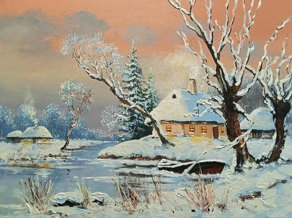 油絵冬の風景 古い村 田舎の農村部の家 美術品 — ストック写真