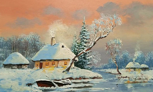 Ölgemälde Winterlandschaft Altes Dorf Bauernhaus Auf Dem Land Schöne Kunst — Stockfoto