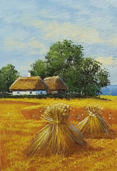 田舎の油絵の風景 古い村 農村部の家 美術品 — ストック写真