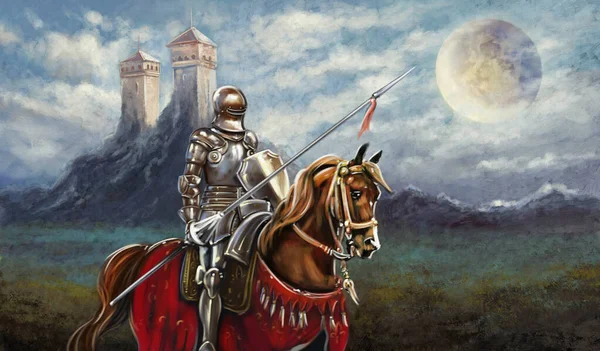 油画风景画 油画风景画 中世纪骑士与剑 骑士与马 骑士与马 中古骑士 骑着马 骑着马 — 图库照片