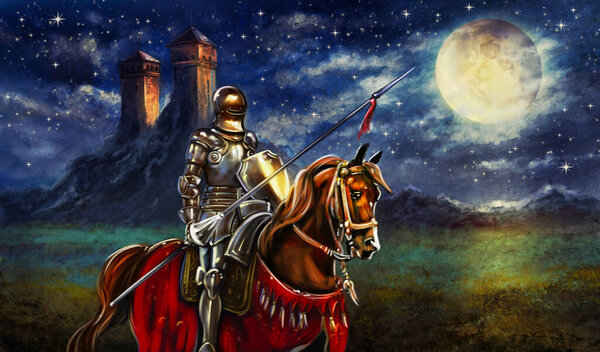 Пейзаж, изобразительное искусство. Средневековый рыцарь с мечом, всадник на лошади, рыцарь на коне