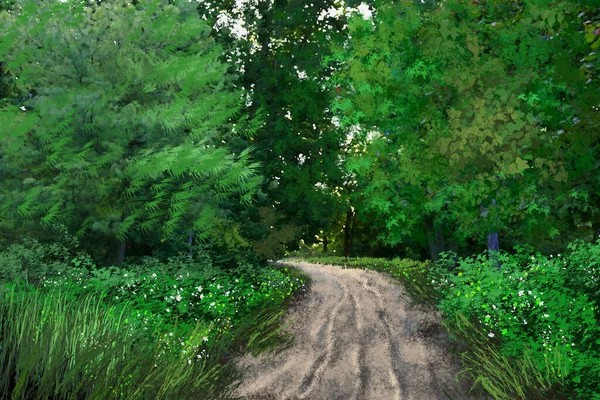 Цифровые Картины Маслом Пейзаж Дорожка Лесу Изобразительное Искусство — стоковое фото