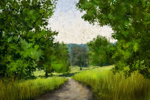 Digital Oil Paintings Summer Landscape Path Forest — Stock Photo, Image