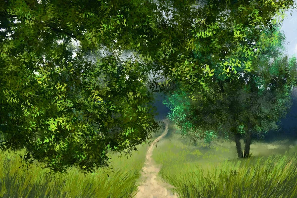Peintures Huile Numériques Paysage Été Chemin Dans Forêt — Photo