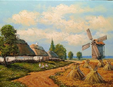 Petrol resimleri, kırsal alan, eski köy, köy manzarası. Güzel sanatlar.