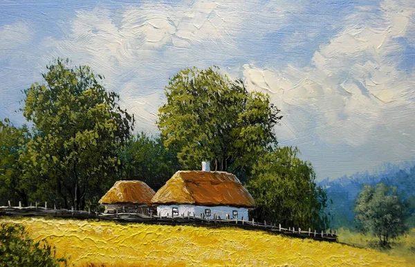 Oil絵画農村風景 古い村の背景に家と風景です 美術品 — ストック写真