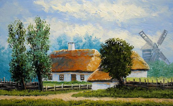 OIl paintings rural landscape, old village, landscape with a house in the background. Fine art