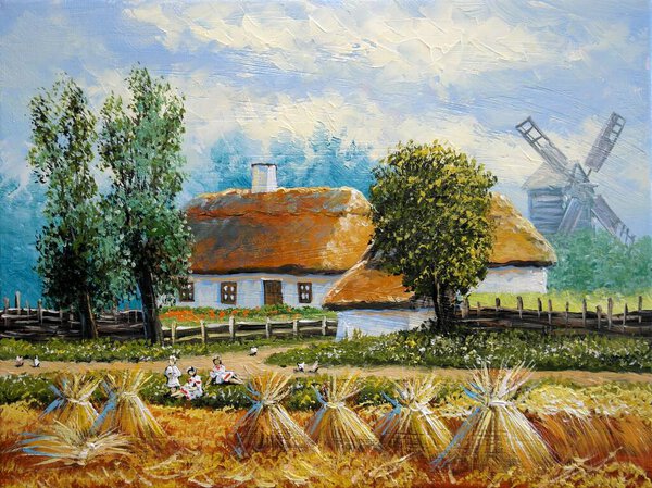 OIl paintings rural landscape, old village, landscape with a house in the background. Fine art