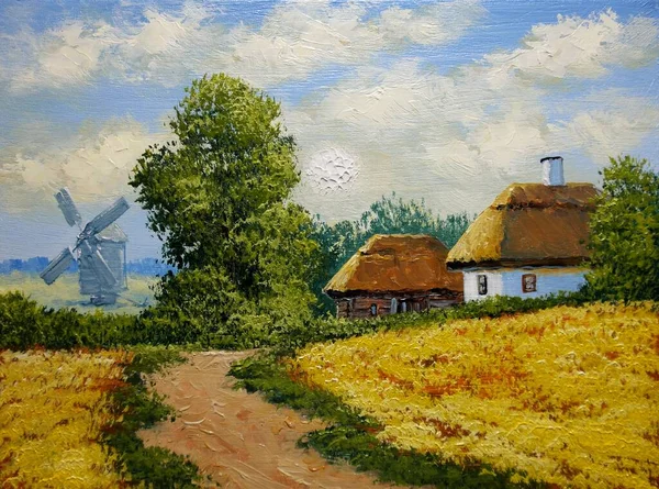 Oil Paintings Rural Landscape Old Village Landscape House Background Fine — Zdjęcie stockowe