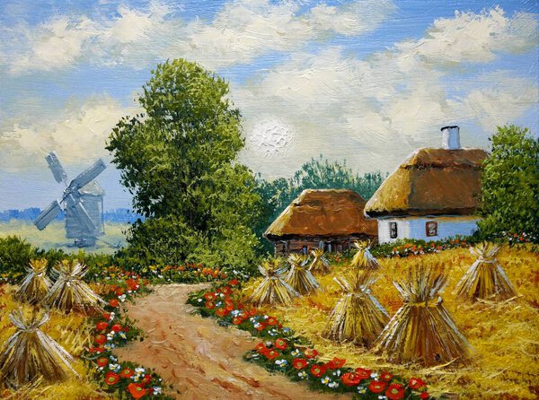 OIl paintings rural landscape, old village, landscape with a house in the background. Fine art