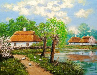 Yağ tabloları, kırsal alan, eski köyde ilkbahar, nehir kıyısındaki ev. Güzel sanatlar.