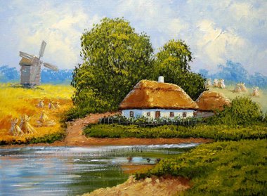 Petrol resimleri, kırsal alan, eski köy, köy manzarası. Güzel sanatlar, kırsalda eski bir çiftlik evi.