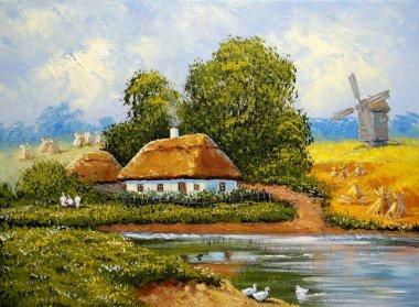 Petrol resimleri, kırsal alan, eski köy, köy manzarası. Güzel sanatlar, kırsalda eski bir çiftlik evi.