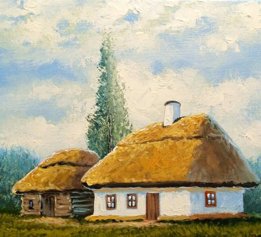 Petrol resimleri, kırsal alan, eski köy, köy manzarası. Güzel sanatlar, kırsalda eski bir çiftlik evi.