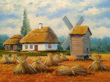 Petrol resimleri, kırsal alan, eski köy, köy manzarası. Güzel sanatlar, kırsalda eski bir çiftlik evi.