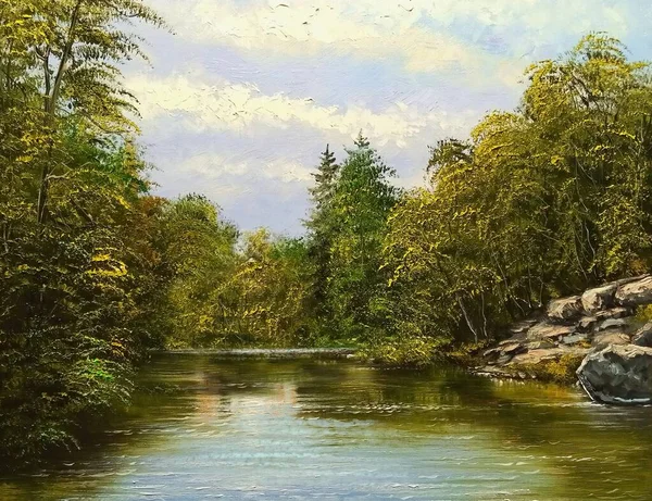 Oil paintings landscape. River in forest, spring landscape