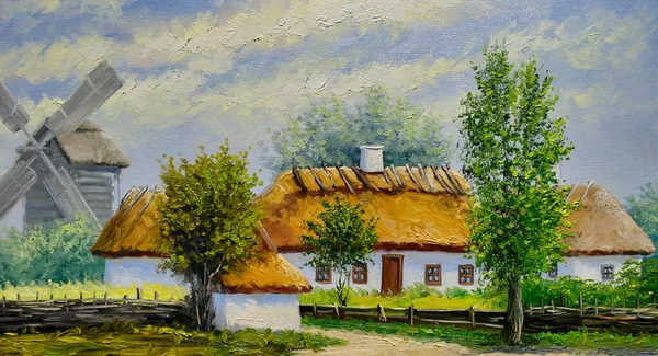 Живопись Маслом Сельский Пейзаж Изобразительное Искусство Традиционный Дом Деревне — стоковое фото