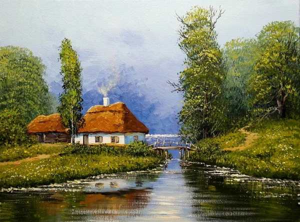 Peintures Huile Paysage Rural Champ Campagne — Photo