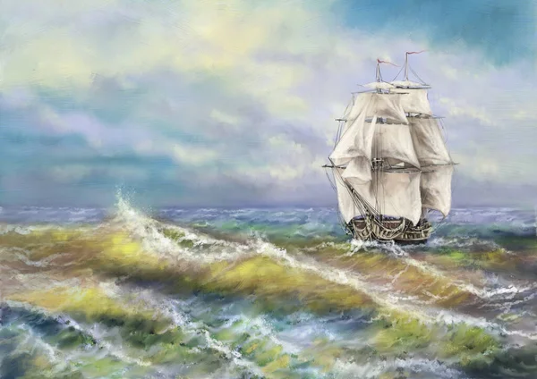 油絵海の風景 美術品 海で船をセーリング — ストック写真