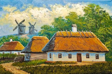Petrol resimleri, kırsal alan, eski köy, köy manzarası. Güzel sanatlar, kırsalda eski bir çiftlik evi.