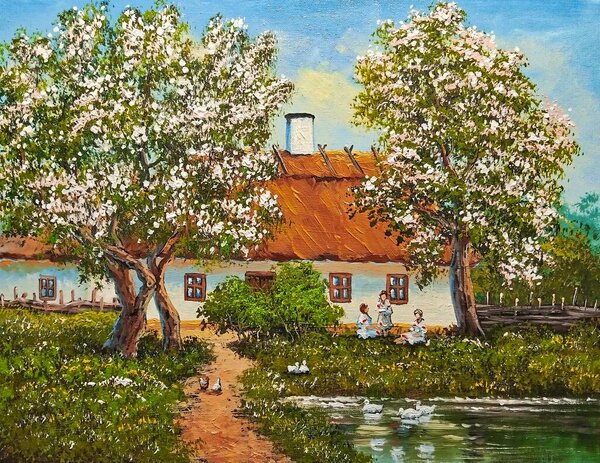 Oil paintings rural landscape, old village,  landscape in the village. Fine art, old farm house in the countryside