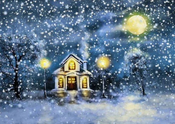 Ελαιογραφίες Τοπίο Χειμώνας Σπίτι Μέσα Στη Νύχτα — Φωτογραφία Αρχείου