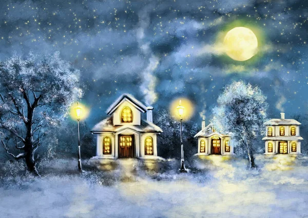 Ελαιογραφίες Τοπίο Χειμώνας Σπίτι Μέσα Στη Νύχτα — Φωτογραφία Αρχείου