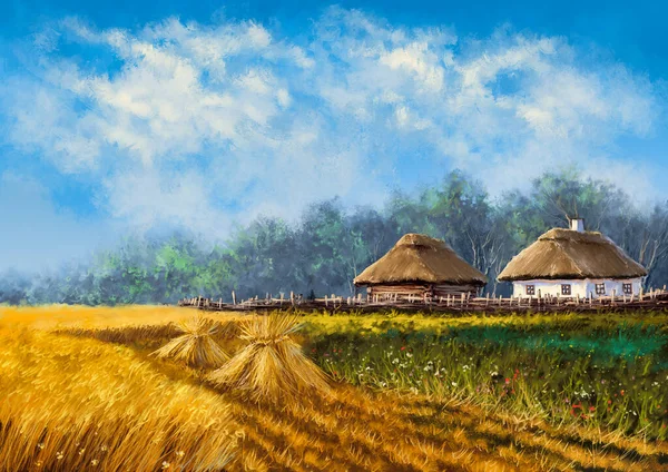 Oil paintings rural landscape, old village, bales in the field. Fine art, artwork, landscape with hay bales