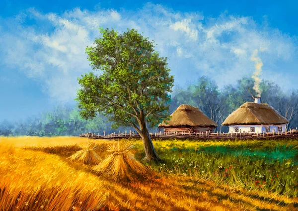 Olieverfschilderijen Landelijk Landschap Oud Dorp Balen Het Veld Beeldende Kunst — Stockfoto