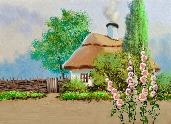 OIl paintings rural landscape, old house in the village, house in the garden