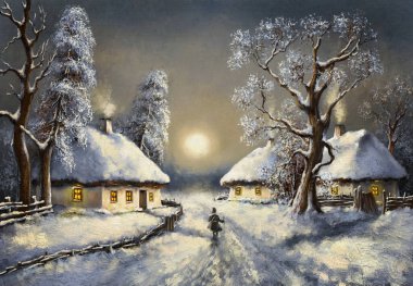 Oil paintings landscape, fine art, winter landscape in the village, winter landscape with house and snow