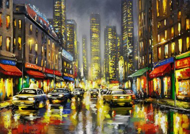 Şehir Sokağı, Gece Yağmurda. Parlak Işıklı Şehir Manzarası ve Yansıyan Islak Asfalt. Impasto Yağlı Boyama. Downtown Night Scene: Trafik ve Gökdelenler Islak Yol 'a Yansıtıldı.