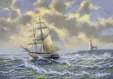 Günbatımında deniz fenerinin yakınındaki dalgalı denizlerde gezinen yelkenli, yağlı boya tabloları deniz manzarası.