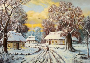 Geleneksel bir Ukrayna köyünde kış, sazdan çatıları ve akşam ışıkları olan karlı kır evleri, yağlı boya tarzı..